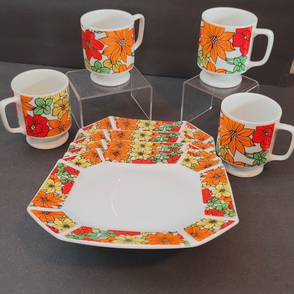 MCM Royal Sealy Japan 1960s Flower Set of 4 Stack Mugs Tea Cups and Plates RARE - Picture 14 of 14